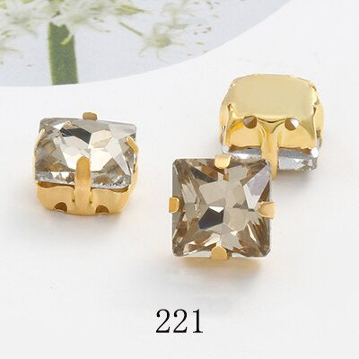 8/10mm 50PCS Square Shape Glass Rhinestones with Golden Claw Sew on Crystal Stone for Clothes Decoration Dress