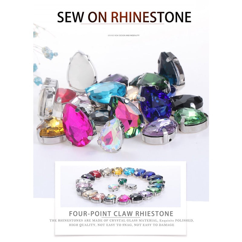 20*30mm 10pcs Drop Shape Glass Rhinestones with Claw Sew on Teardrop Crystal Stone Diamond Metal Base