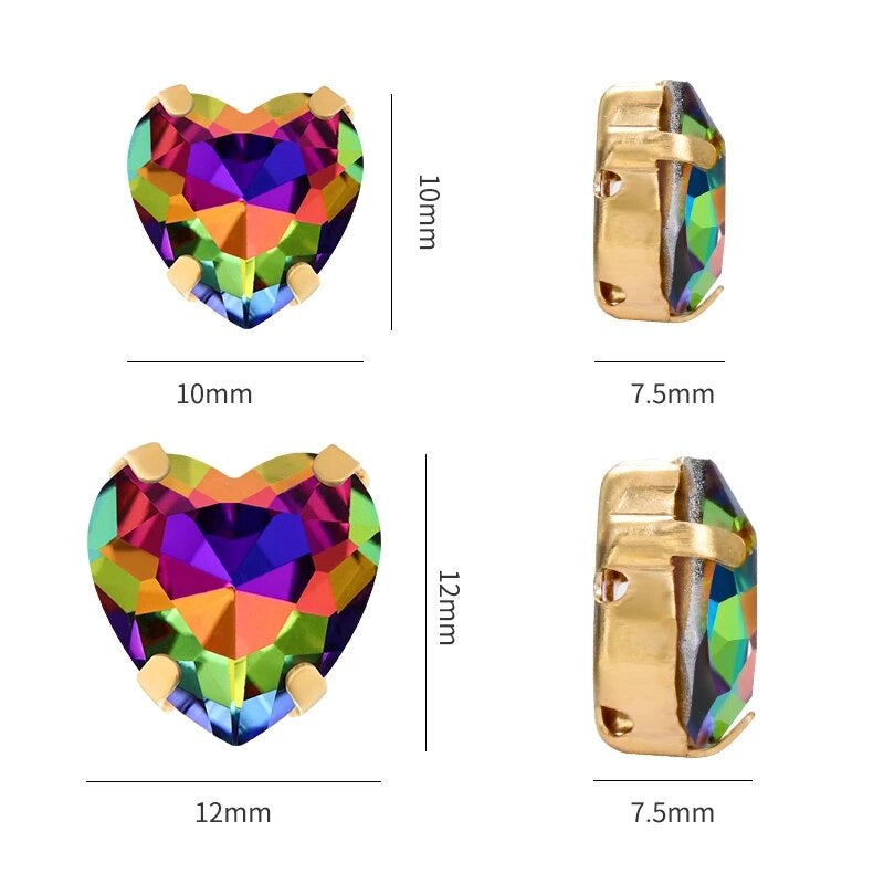 Heart Shape Glass Pointback K9 Crystal with Gold Bottom Sew on Rhinestone DIY Clothing Decoration