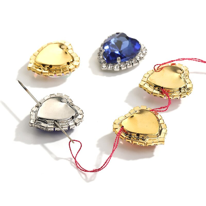 TonyBead kuku logam yang digunakan pada pakaian,heart Shape Glass Rhinestones With Claw Sew On Crystal Stone Metal Base Buckle For Clothes Strass Diamond Sewn Rhinestones
