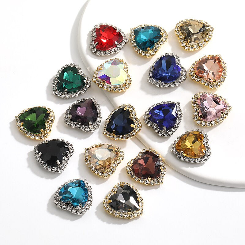 TonyBead kuku logam yang digunakan pada pakaian,heart Shape Glass Rhinestones With Claw Sew On Crystal Stone Metal Base Buckle For Clothes Strass Diamond Sewn Rhinestones