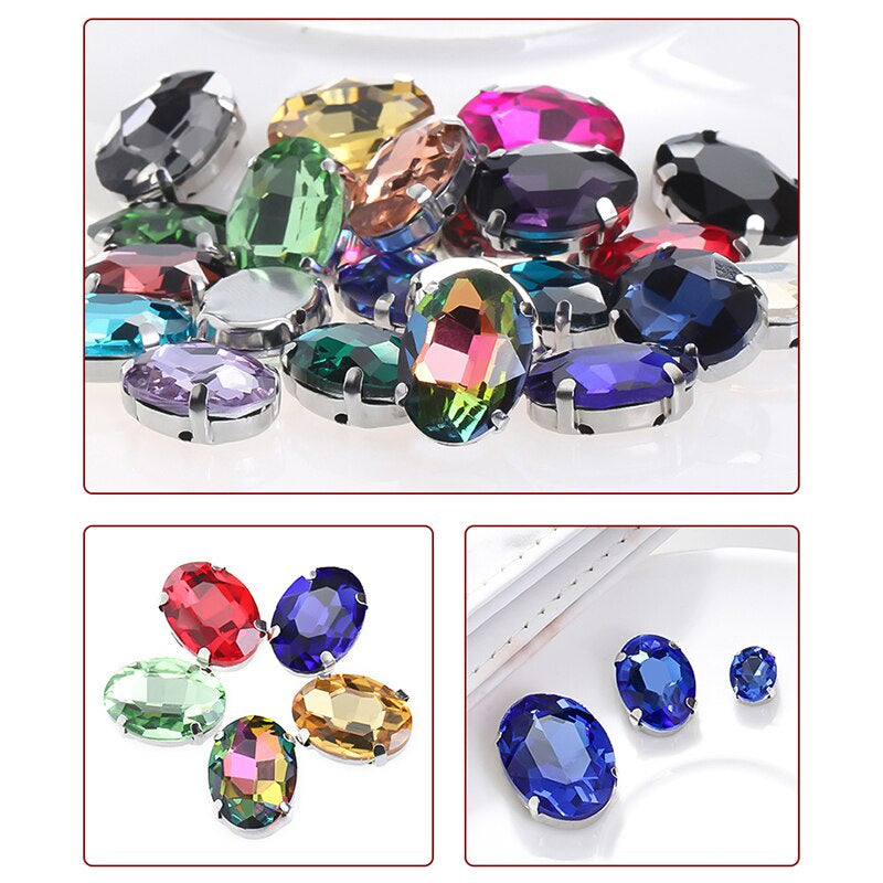 6*8/8*10mm Oval Shape Glass Rhinestones With Silver Sew On Crystal Stone Strass Diamond For Clothes Dress