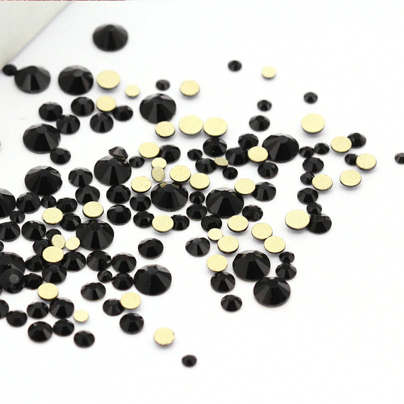 Black Rhinestones Flatback Glue On Nails Crystals Strass Round Shape Golden Bottom DIY Glass Rhinestones Decorations