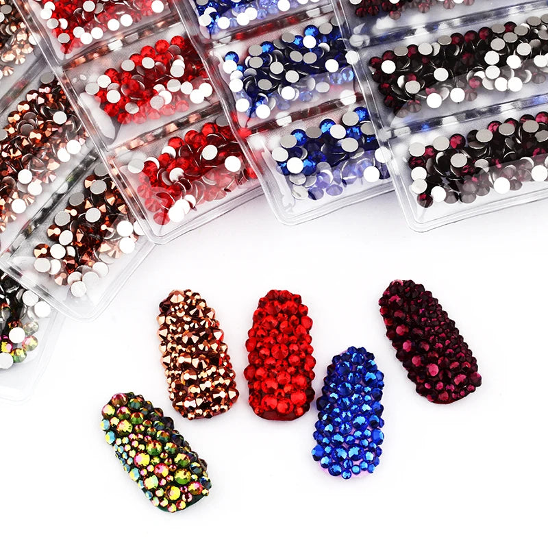 1728pcs Six Grid Mixed Round Nail Flatback Crystal Rhinestones 26 Colors Shiny Glue on Nail Art Phone Shells Make Up Rhinestones