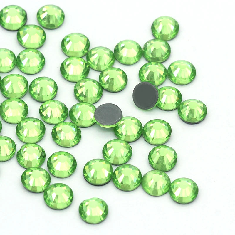 Green Color SS3 - SS30 Hotfix Rhinestones Glue On Clothes Glass Strass Round Shape Small Size Hot Fix Rhinestones