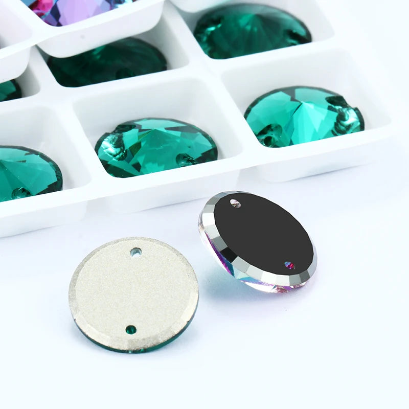 Bright Shiny Emerald Round K9 Glass Rivoli Sew on Rhinestones Flat Back Strass Crystal Buttons Sew on Clothing Crafts