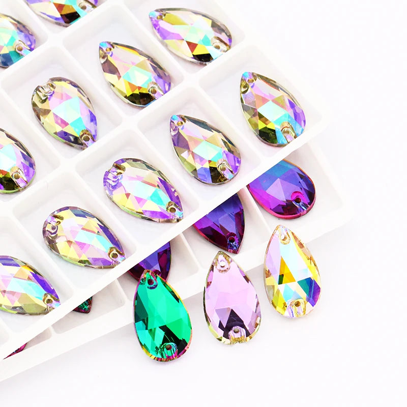 Glowing Multicolored K9 Glass Sew on Stones Tear Drop Strass Crystal Rhinestones Flat Back Buttons Sew on Clothing Crafts Bags