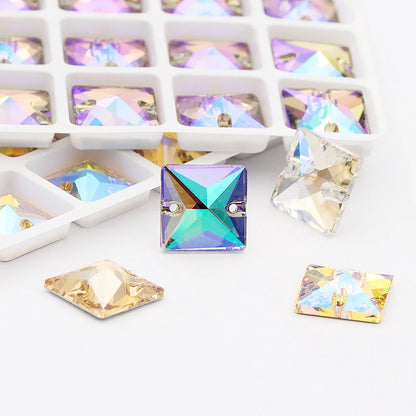 Square Sew on Rhinestones Iridescent Colorful K9 Glass Flat Back Buttons Strass Crystal Rhinestones Sew on Clothes Dresses Bags