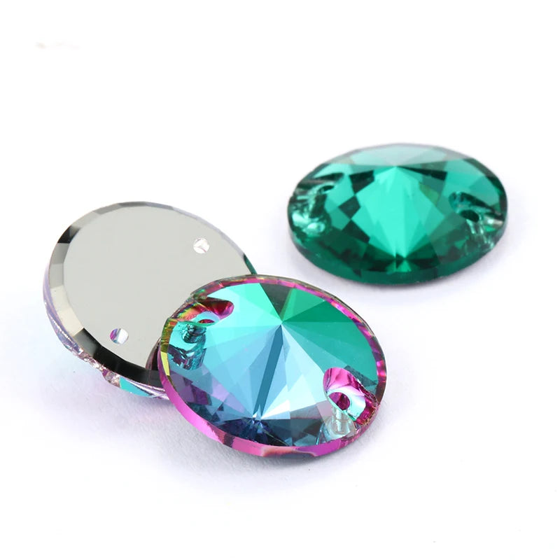 Bright Shiny Emerald Round K9 Glass Rivoli Sew on Rhinestones Flat Back Strass Crystal Buttons Sew on Clothing Crafts