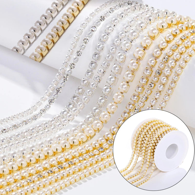 1 Yard High Quality ABS Pearl Cup Chain For Sewing Gold Silver Bottom Glue on Flat Pearls for Crafts DIY Rhinestones Crystals