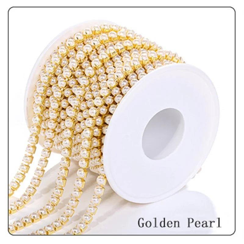 1 Yard High Quality ABS Pearl Cup Chain For Sewing Gold Silver Bottom Glue on Flat Pearls for Crafts DIY Rhinestones Crystals