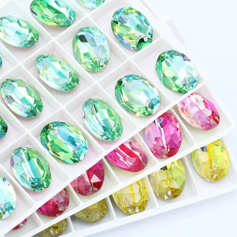 tony bead Laser Color Oval Shape K9 Glass Fancy Stones High Quality Loose Rhinestones Pointback Strass Glue On Nails