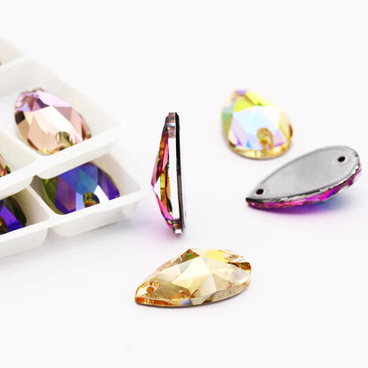 Glowing Multicolored K9 Glass Sew on Stones Tear Drop Strass Crystal Rhinestones Flat Back Buttons Sew on Clothing Crafts Bags