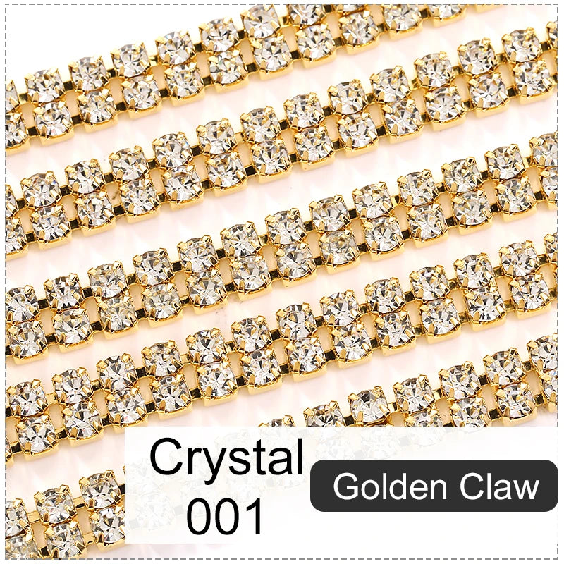 2 Yard Golden Base Glass Crystal Rhinestone Cup Chain 2 Row Rhinestone Chains Sew-On Rhinestones for Clothes DIY Accessories