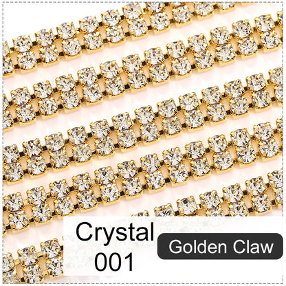 2 Yard Golden Base Glass Crystal Rhinestone Cup Chain 2 Row Rhinestone Chains Sew-On Rhinestones for Clothes DIY Accessories