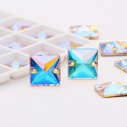 Square Sew on Rhinestones Iridescent Colorful K9 Glass Flat Back Buttons Strass Crystal Rhinestones Sew on Clothes Dresses Bags