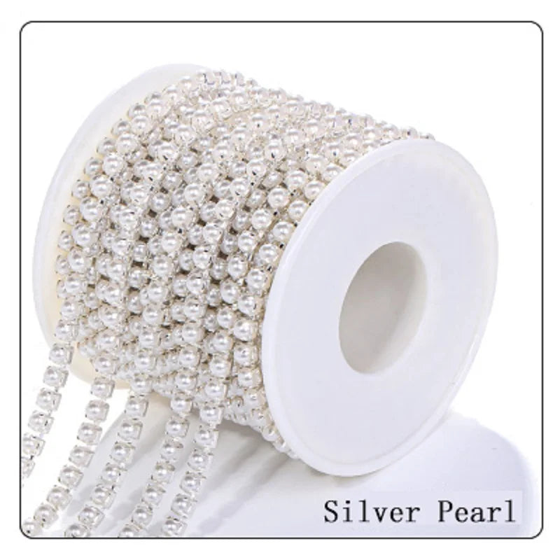 1 Yard High Quality ABS Pearl Cup Chain For Sewing Gold Silver Bottom Glue on Flat Pearls for Crafts DIY Rhinestones Crystals