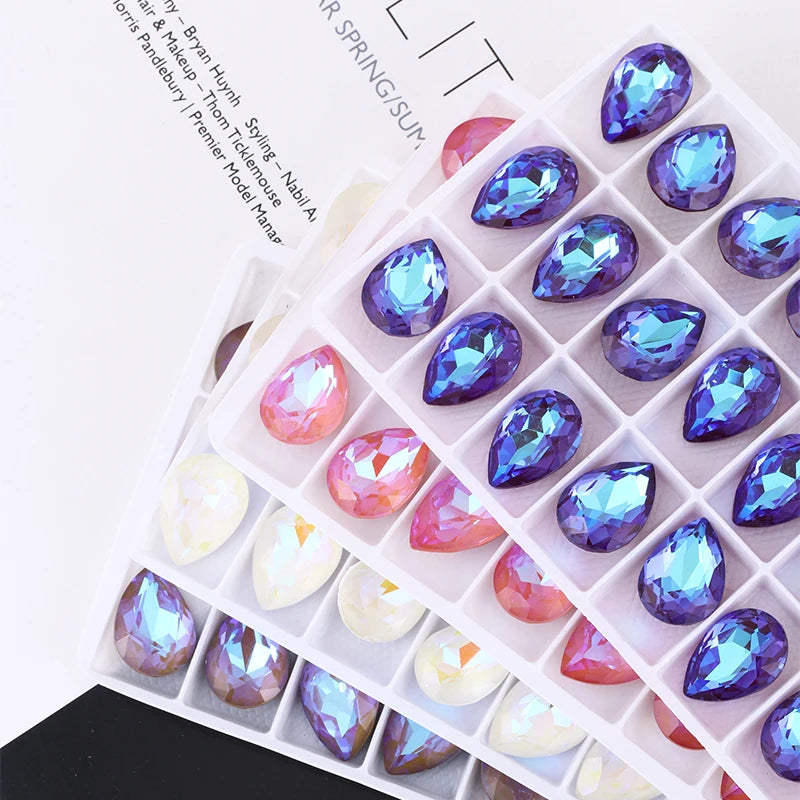 12 Colors Mix Mocha Fluorescent TearDrop K9 Glass Loose Rhinestones Piontback Strass Crystal Glue on Clothes Jewelry Accessories