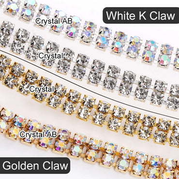 2 Yard Golden Base Glass Crystal Rhinestone Cup Chain 2 Row Rhinestone Chains Sew-On Rhinestones for Clothes DIY Accessories