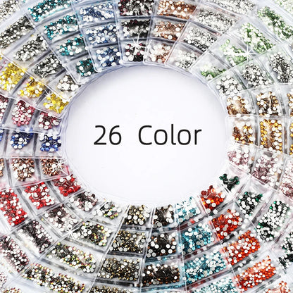 1728pcs Six Grid Mixed Round Nail Flatback Crystal Rhinestones 26 Colors Shiny Glue on Nail Art Phone Shells Make Up Rhinestones