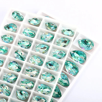 Aquamarine Laser Tear Drop Two Colors K9 Glass Loose Rhinestones for Clothes Jewelry Accessories Fancy Piontback Strass Crystal