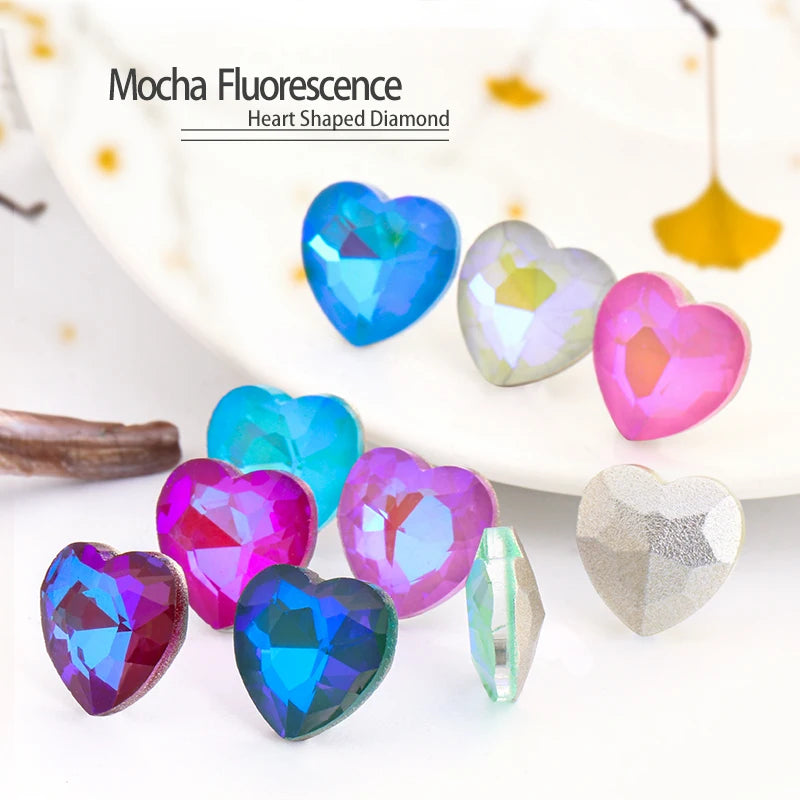 20 Pcs Heart Shape Pointback Mocha Fluerescence Crystal Rhinestone Nail Art Decorations Strass DIY Accessories