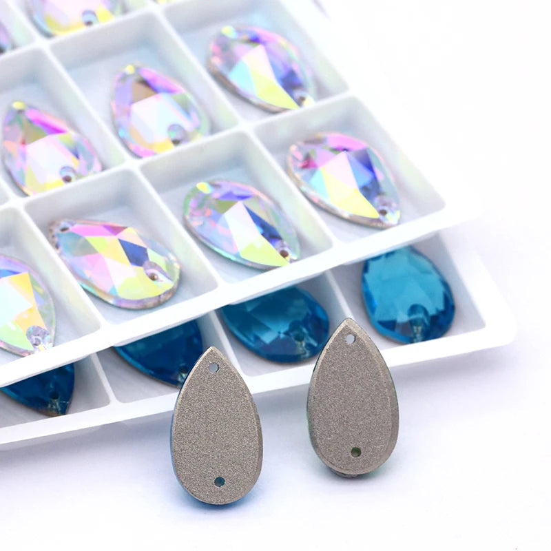 Shiny Fancy Stones K9 Glass Sew on Stones Tear Drop Strass Crystal Blue Rhinestones Flat Back Buttons Sew on Clothes Stage Wear