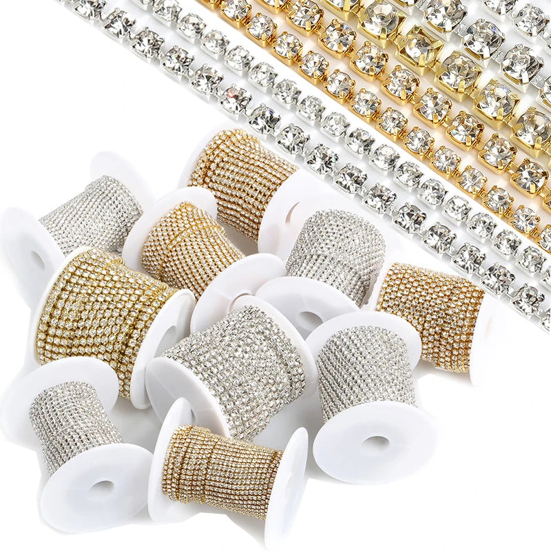 1M 10M Gold Silver Glass Crystal Rhinestone Cup Chain Glue-on Strass Nail Chain Sew-On Rhinestones for Clothes DIY Accessories