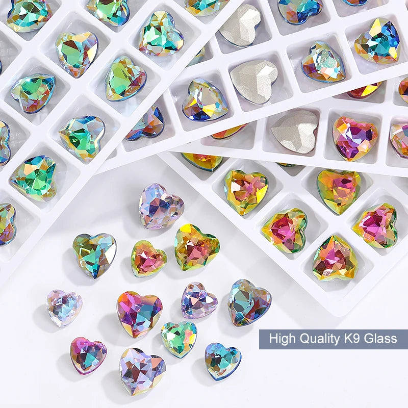 10mm Heart Rhinestones Glitter Glass Charms Nail Crafts Gem Beads Jewelry Making Glass Beads Stones DIY Accessories