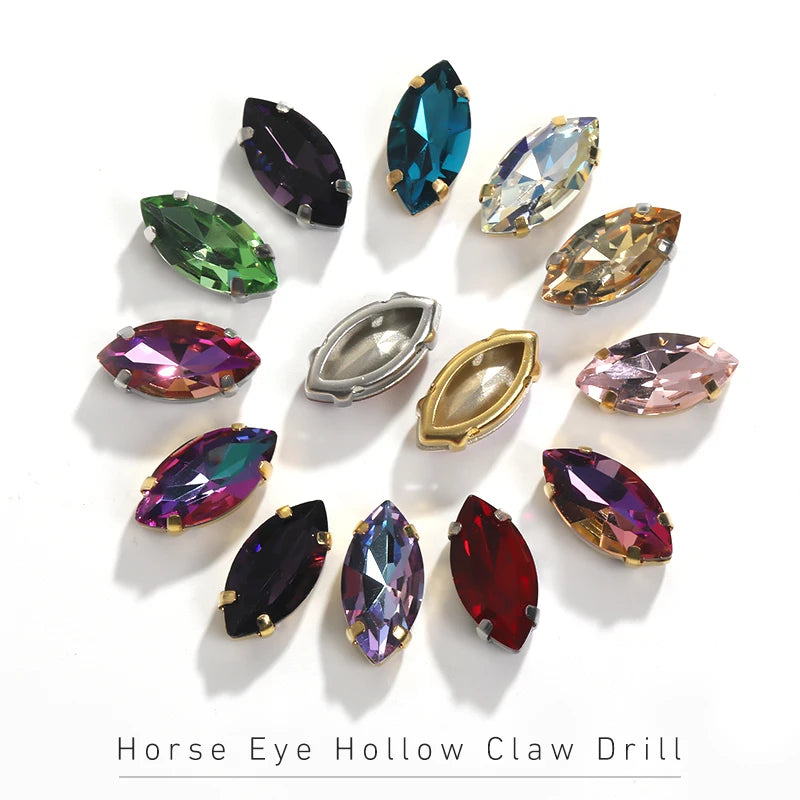 Hollow Out Copper Claw Rhinestones Sets Shiny Glass Strass Set Horse Eye Shape DIY Art Crafts Sew On Stones Claws Sets