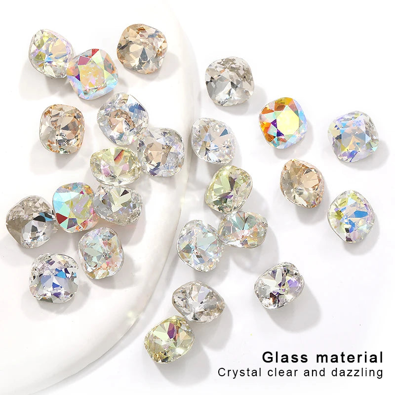 10 mm Cushion Glass Stones Square Crystal Strass Rhinestones for Nails Decoration Pointback Crystal Jewelry Making Accessories