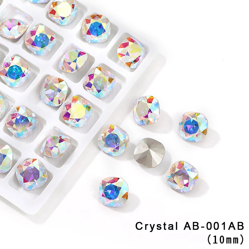 10 mm Cushion Glass Stones Square Crystal Strass Rhinestones for Nails Decoration Pointback Crystal Jewelry Making Accessories