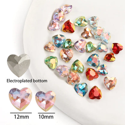 10mm Heart Nail Art Glass Rhinestones Glitter Rhinestones for Nails Decoration Pointback Crystal Strass Rhinestones