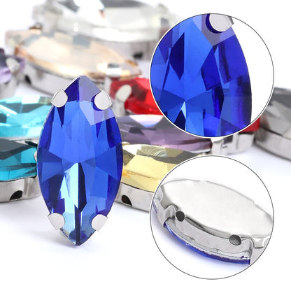 Yichuan  Horse Eye Navette Point Back Stones Metal Base Decorations For Clothes Sewn Rhinestones for Needlework Wedding Dress Crystal Jewelry for Crafts