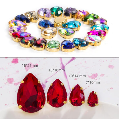 Yichuan Drop Rhinestone Sew-on Glass Golden Base Stones Crystal For Decoration and Crafts Clothes Sewn Rhinestones For Needlework