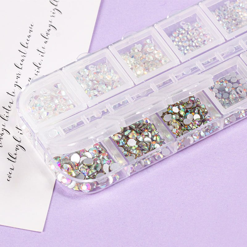 1440pcs 12 Grid Set Mixed Color Flat Nail Diamond AB Color Glass Crystal Phone Case DIY Accessories