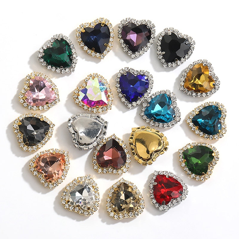 TonyBead kuku logam yang digunakan pada pakaian,heart Shape Glass Rhinestones With Claw Sew On Crystal Stone Metal Base Buckle For Clothes Strass Diamond Sewn Rhinestones