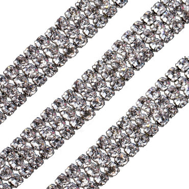 TonyBead rhinestone sticker SS6 - SS12 Crystal Rhinestones Sew On White K Copper Claw Three Row Claw Cup Chain For Garment Jewelry