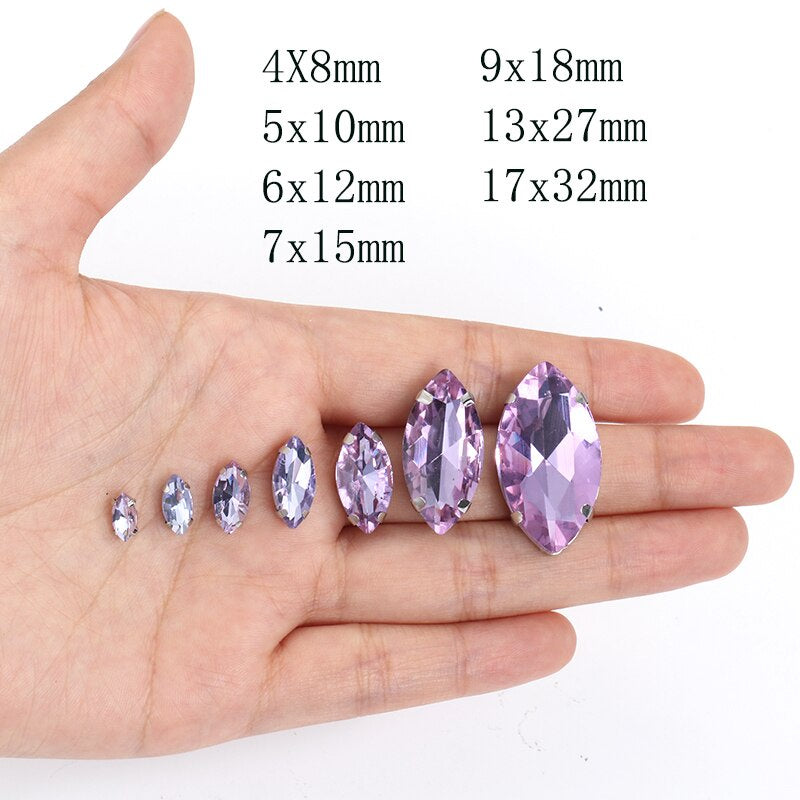 Yichuan  Horse Eye Navette Point Back Stones Metal Base Decorations For Clothes Sewn Rhinestones for Needlework Wedding Dress Crystal Jewelry for Crafts
