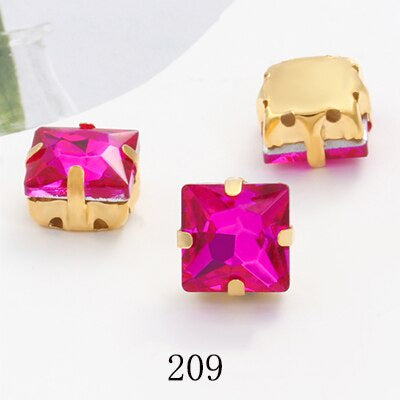 8/10mm 50PCS Square Shape Glass Rhinestones with Golden Claw Sew on Crystal Stone for Clothes Decoration Dress