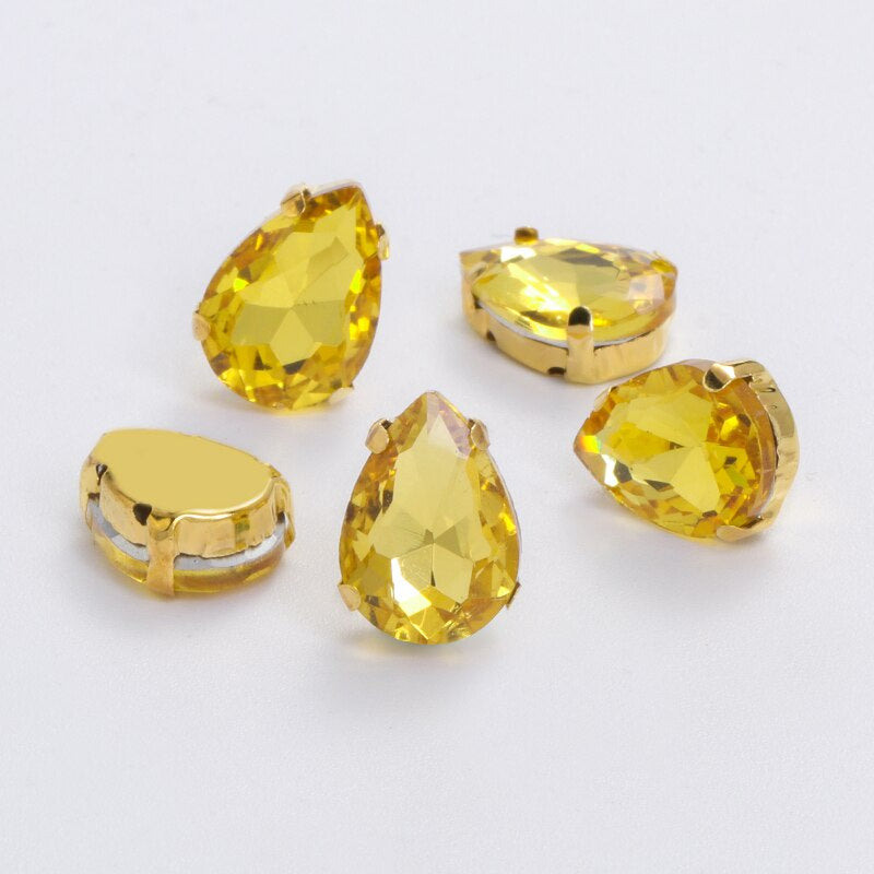 Yichuan Drop Rhinestone Sew-on Glass Golden Base Stones Crystal For Decoration and Crafts Clothes Sewn Rhinestones For Needlework