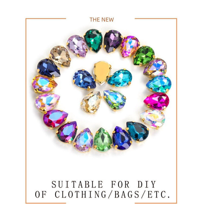 Yichuan Drop Rhinestone Sew-on Glass Golden Base Stones Crystal For Decoration and Crafts Clothes Sewn Rhinestones For Needlework