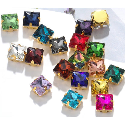 8/10mm 50PCS Square Shape Glass Rhinestones with Golden Claw Sew on Crystal Stone for Clothes Decoration Dress