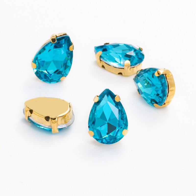【ready stock】Yichuan Drop Rhinestone Sew-on Glass Golden Base Stones Crystal For Decoration and Crafts Clothes Sewn Rhinestones For Needlework