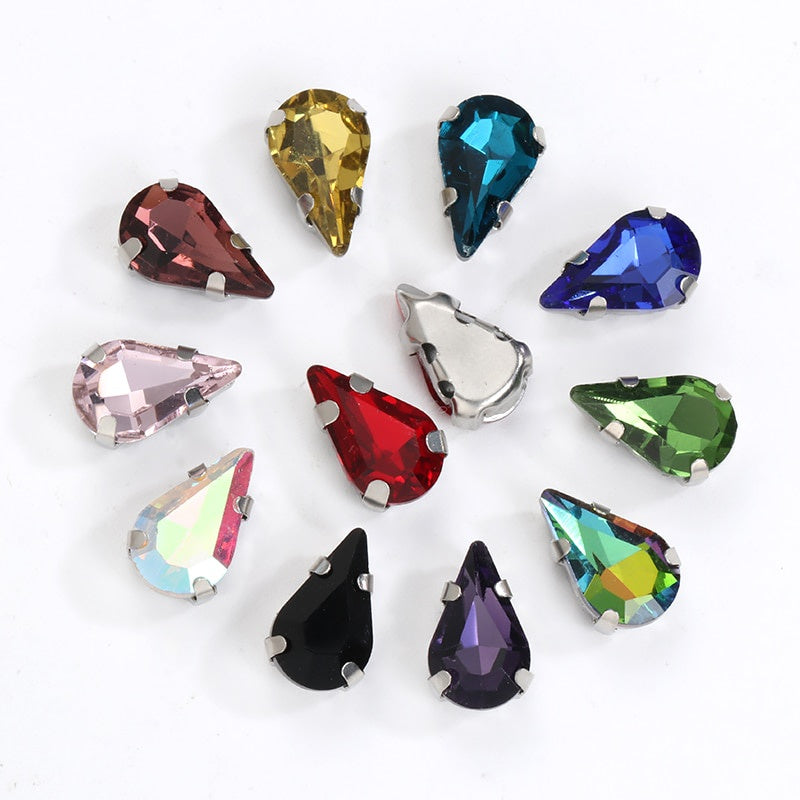 20pcs 5x8/6x10mm Drop Crystal Stone With silver bottom Rhinestone for Sewing on Clothes Sewn on Rhinestone for Needlework