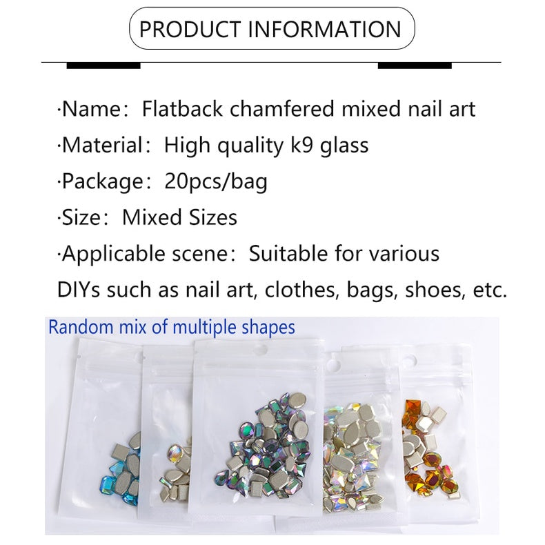 TonyBead 20Pcs Mixed Shape Flatback Stone Gem Glass Nail Art Rhinestone For Jewelry Making Loose Strass Crystal Nail Accessories Nail Drill kuku