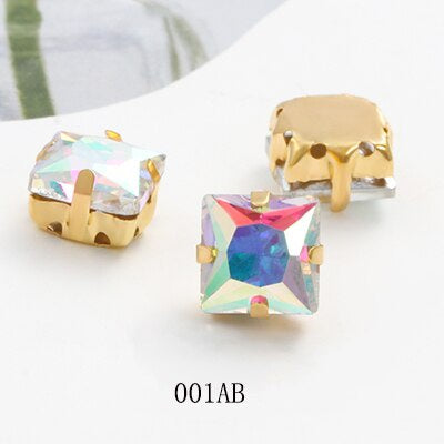 8/10mm 50PCS Square Shape Glass Rhinestones with Golden Claw Sew on Crystal Stone for Clothes Decoration Dress