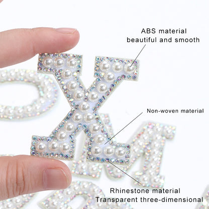 TonyBead 26 English Alphabet A-Z Pearl Letter Patches Rhinestone Patch Sewing On Patches Stripe Badge DIY Name