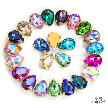 10X14/13X18mm 10pcsmm 10pcs Drop Rhinestone Sew-on Glass Golden Base Stones Crystal For Decoration and Crafts Clothes Sewn Rhinestones For Needlework