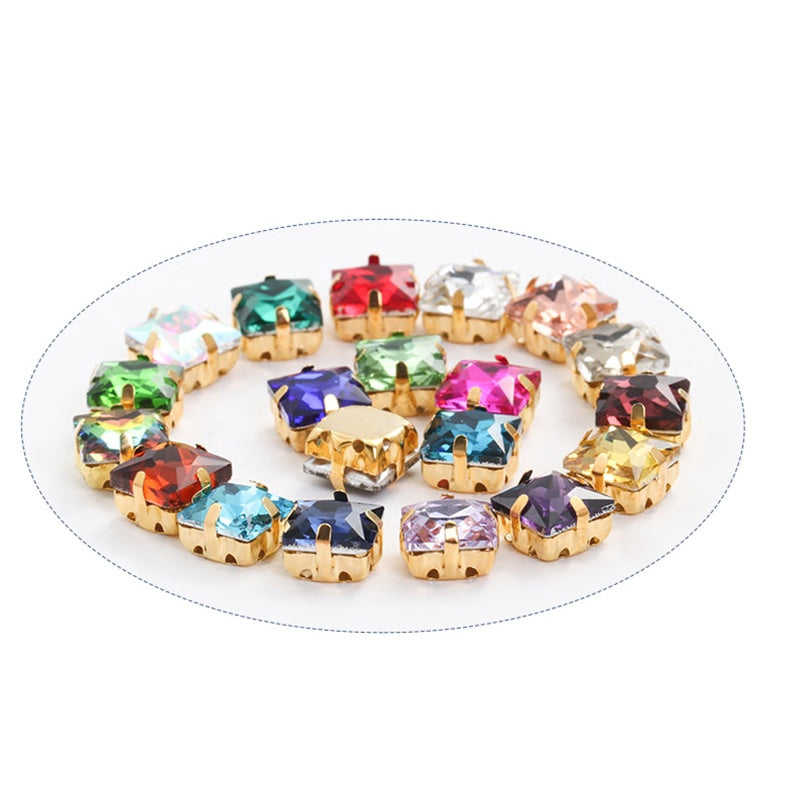 8/10mm 50PCS Square Shape Glass Rhinestones with Golden Claw Sew on Crystal Stone for Clothes Decoration Dress